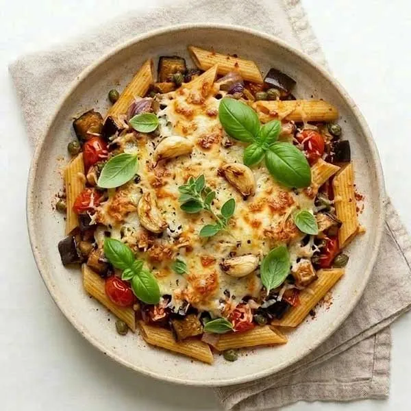 Baked caponata pasta with parmigiano cheese